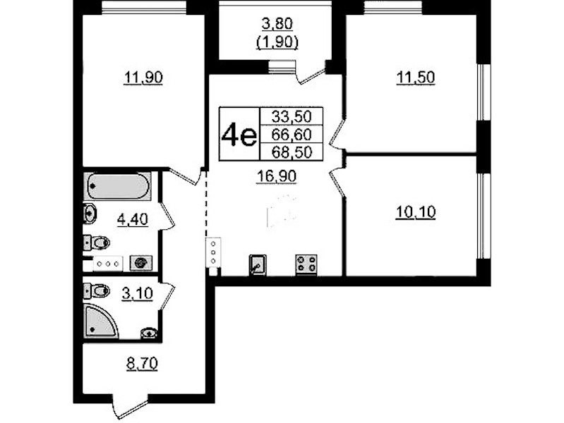 3-комнатная квартира 68.5 м², 9/9 эт., ЖК «А101 Лаголово»